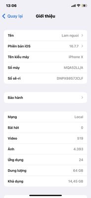 iPhone X 64GB Quốc tế, Đã qua sử dụng, Máy full cn