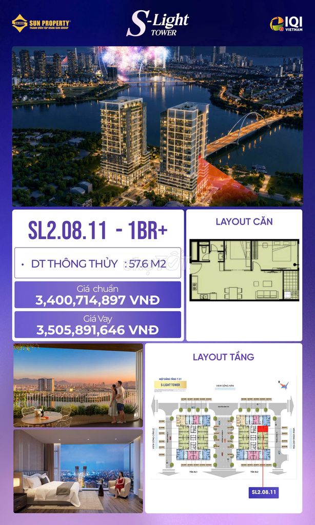 S-light Tower căn 1PN+ trực diện sông giữ giá gốc CĐT công khai 3 tỉ 4
