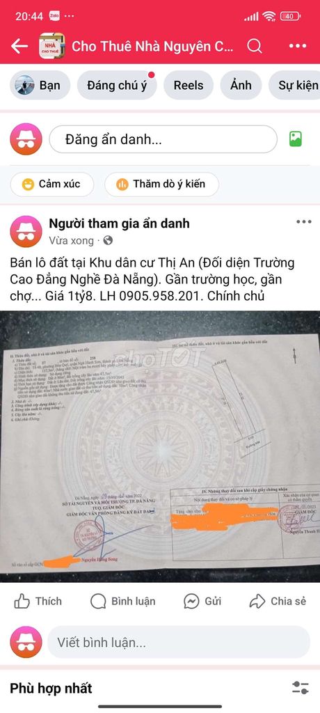 Bán lô đất tại Khu dân cư Thị An Đối diện Trường Cao Đẳng Nghề Đà Nẵng