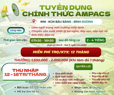 BÀU BÀNG - TUYỂN LĐPT - MIỄN PHÍ TRỌ - BAO CƠM CA