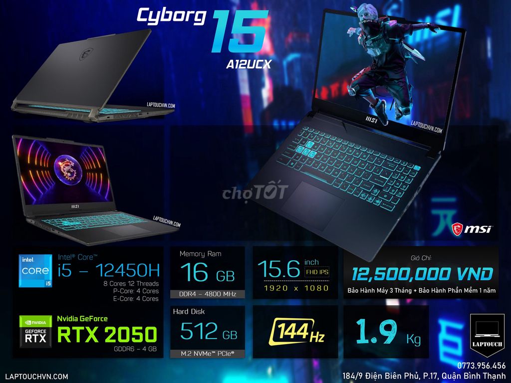 MSI Cyborg 15 A12UCX i5-12450H 16GB/512GB RTX 3050. Mua bán Laptop tại Quận Bình Thạnh Tp Hồ Chí Minh được đăng bởi Cửa Hàng Máy Tính Laptouch VN hình 1