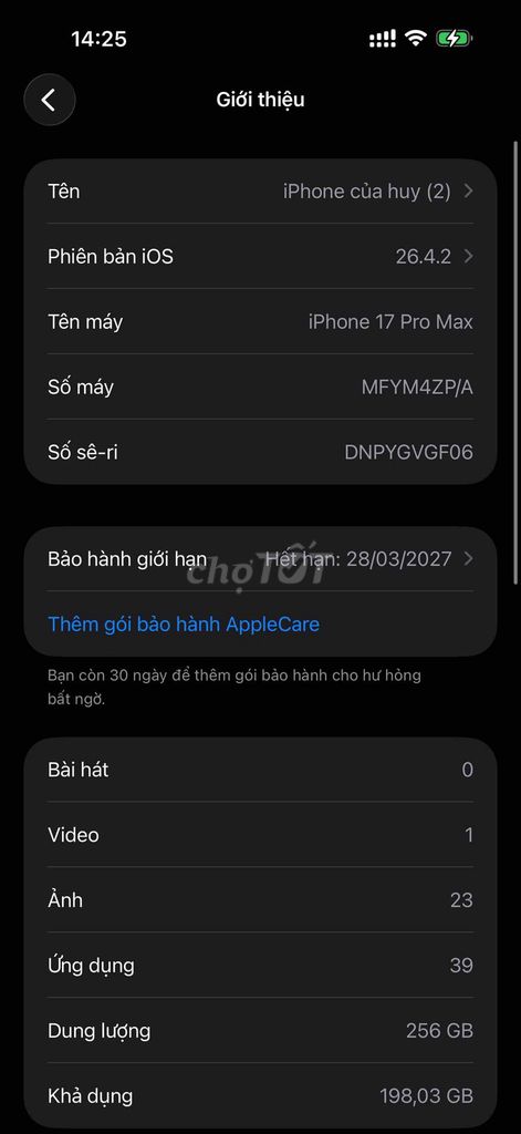 Apple iPhone 17 Pro Max 256GB bảo hành 28/3/2027. Mua bán Điện thoại tại Thành phố Bến Tre Bến Tre được đăng bởi Thái Tu  hình 1