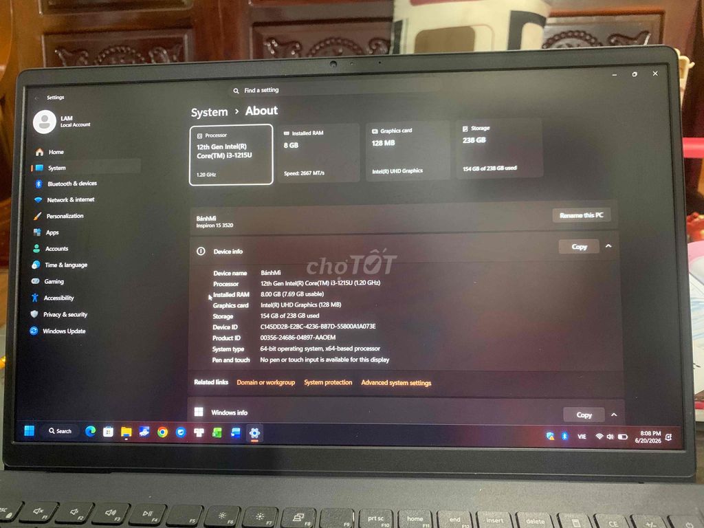 Dell Inspiron 15 3520 i3 Gen 12 15.6 inch 8GB/256G. Mua bán Laptop tại Thành phố Buôn Ma Thuột Đắk Lắk được đăng bởi Minh Thành hình 1