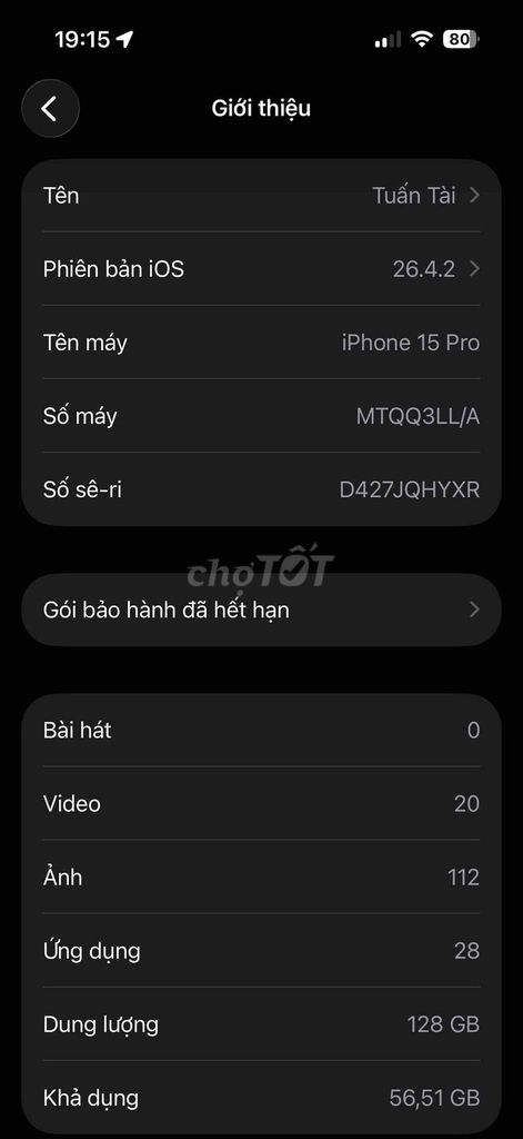 iPhone 15 Pro 128GB. Mua bán Điện thoại tại Quận Sơn Trà Đà Nẵng được đăng bởi Tuấn Tài hình 1