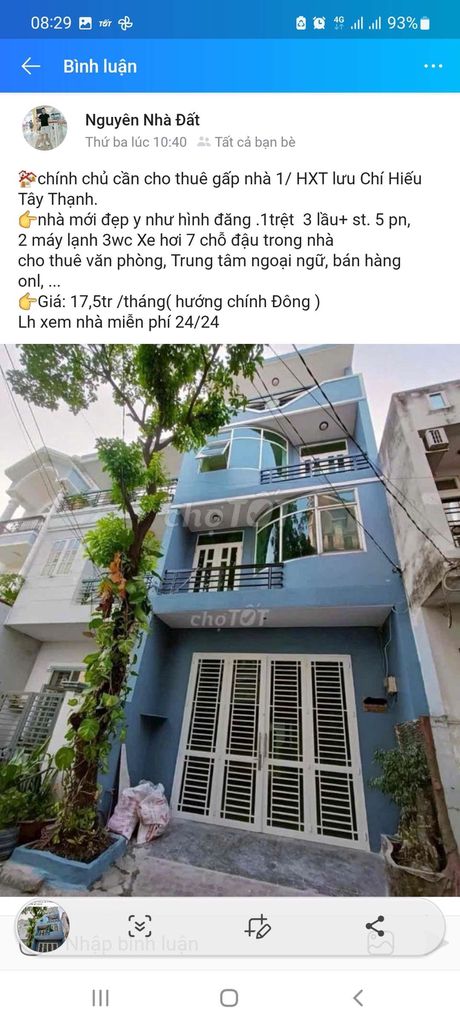 CHO THUÊ NHÀ 5X16M 3 LẦU 5PN .HXT LƯU CHÍ HIẾU