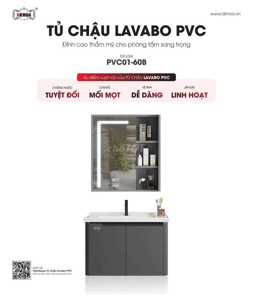 Tủ chậu lavabo AKHOA PVC01-60B Xám 60cm. Mua bán Thiết bị vệ sinh, nhà tắm tại Quận Cẩm Lệ Đà Nẵng được đăng bởi Trang  hình 1