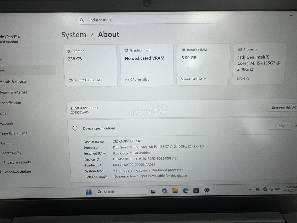 Lenovo ThinkPad E14 i5-1135G7 14 inch 8GB/256GB. Mua bán Laptop tại Thành phố Thủ Đức Tp Hồ Chí Minh được đăng bởi My Trà hình 1