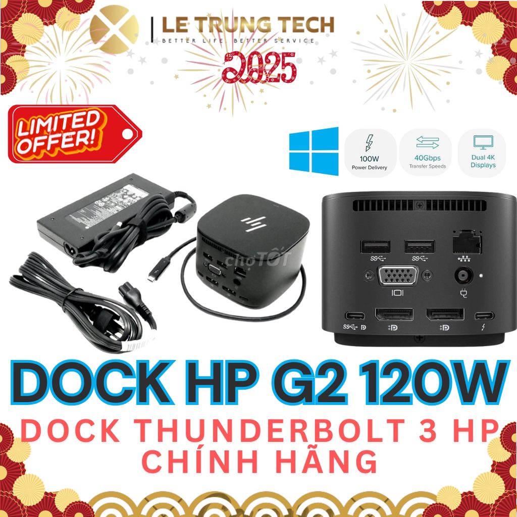 Dock Thunderbolt 3 HP G2 120W hỗ trợ 5K DP 40Gbps