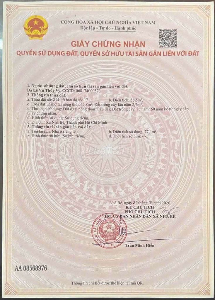 Cần bán sổ hồng riêng hẻm xe hơi tặng luôn chồi lá 
