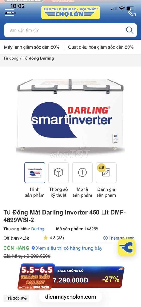 Tủ đông mát Darling DMF-4699WSI-2 450L (Mới 100%). Mua bán Tủ lạnh tại Quận Ngũ Hành Sơn Đà Nẵng được đăng bởi Mr Long hình 1