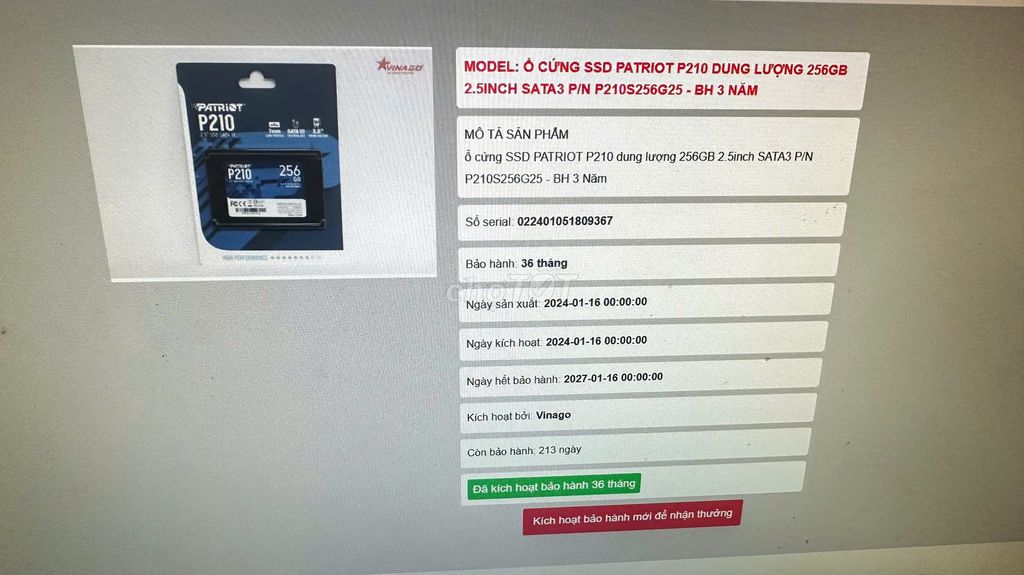 SSD Patriot 256GB renew sk100% chạy 3 ngày bh 2027. Mua bán Linh kiện (RAM, Card...) tại Thị xã Bến Cát Bình Dương được đăng bởi Hoàng Võ hình 1