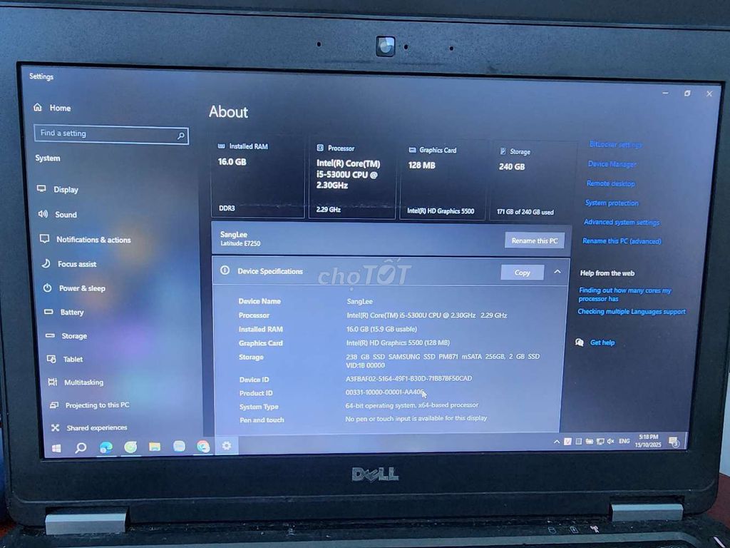 Dell Latitude E7250 i5-5300U 16GB/64GB. Mua bán Laptop tại Thành phố Qui Nhơn Bình Định được đăng bởi Sang Lee hình 1