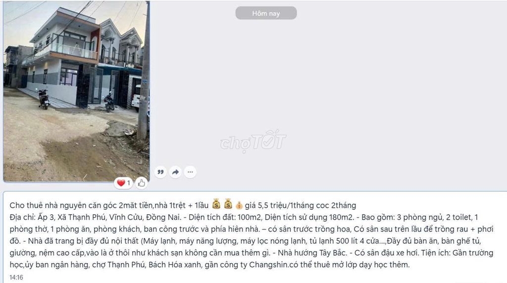 CHO THUÊ NHÀ XÃ THẠNH PHÚ VĨNH CỬU GIÁ 5,5 TRIỆU. Cho thuê nhà ở tại Huyện Vĩnh Cửu Đồng Nai được đăng bởi Minh Trâm hình 1