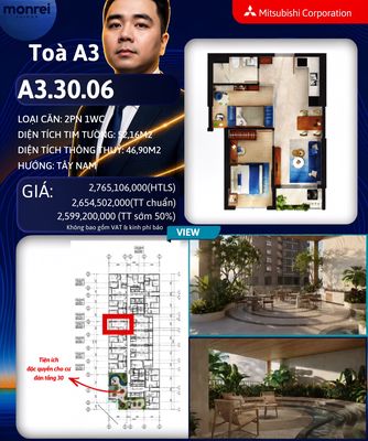 Căn 2PN 1WC - Monrei Saigon A3.30.06 – 52m² – 2,599 tỷ