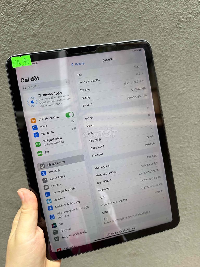 📌AIR 4 / 64GB / WIFI + 4G / Pin 90%. Mua bán Máy tính bảng tại Quận Cầu Giấy Hà Nội được đăng bởi CACA IPAD STORE hình 1