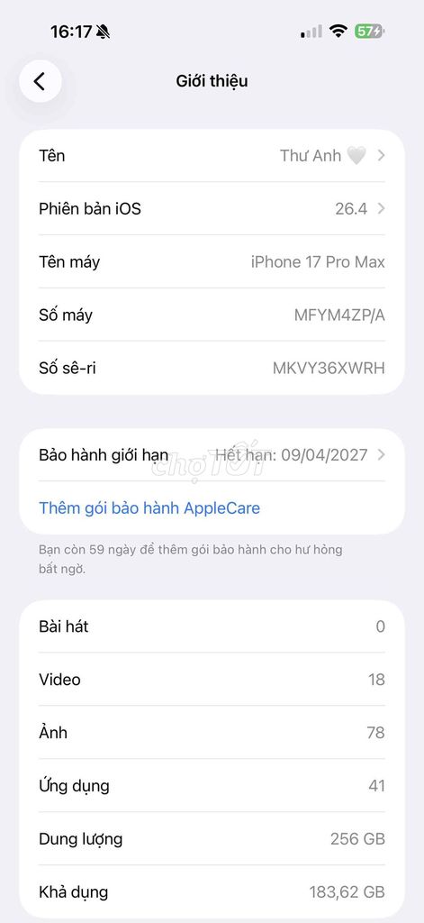 Apple iPhone 17 Pro Max 256GB Trắng Như mới. Mua bán Điện thoại tại Thành phố Dĩ An Bình Dương được đăng bởi Nguyễn Thanh Anh Thư hình 1
