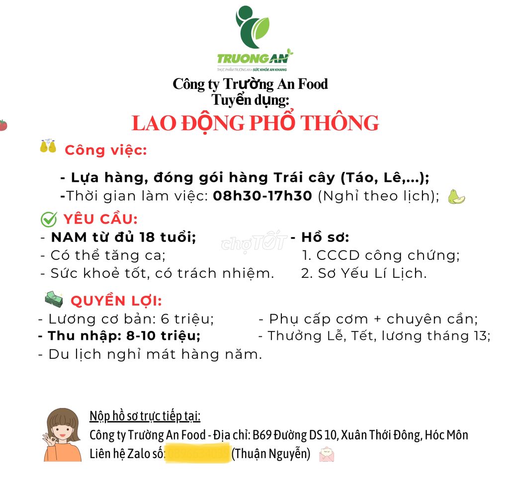 Tuyển Lao Động Phổ Thông Nam - làm tại Hóc Môn