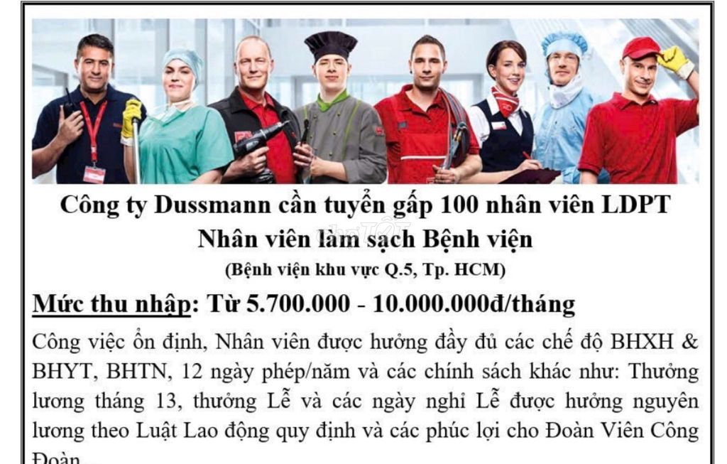 TUYỂN 20 NHÂN VIÊN LÀM SẠCH BỆNH VIỆN QUẬN 5