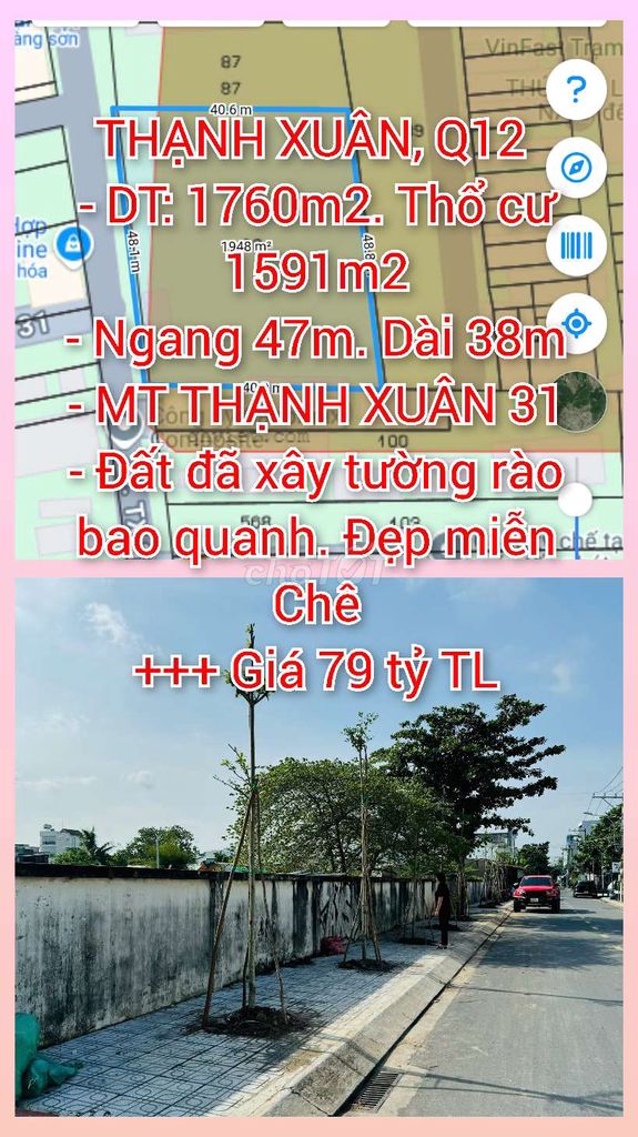 Bán 1760m2 (46x38). Gần Full thổ cư. MT TX31, Quận 12. Giá: 79 tỷ