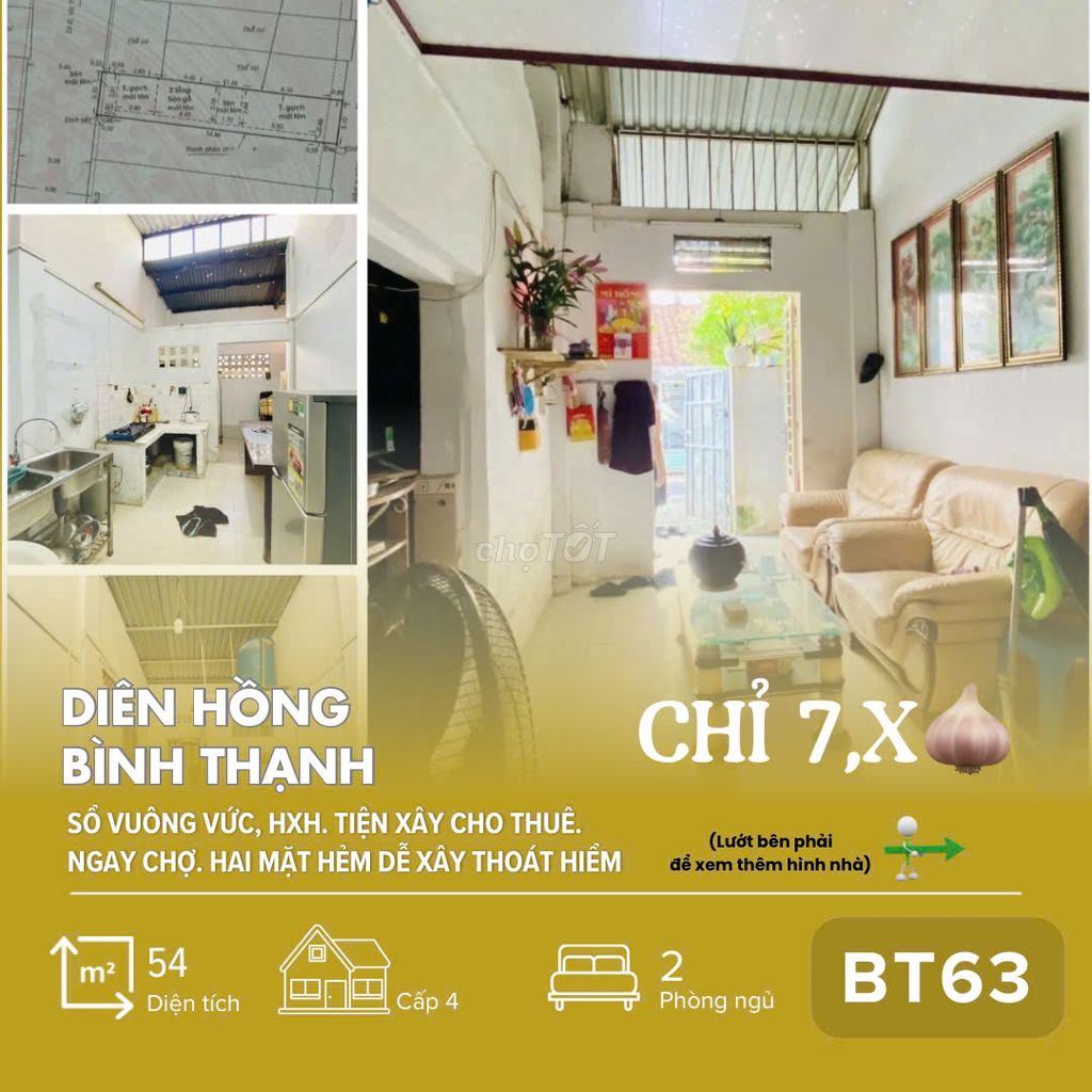 [BT63] Nhà 54m² HXH Diên Hồng – Ngay Chợ Bà Chiểu – Chỉ 7,x T! CHDV ok