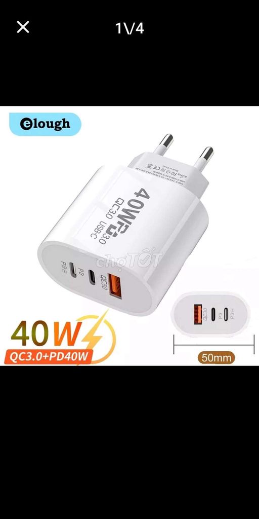 Cốc Sạc Nhanh 40W, 3 Cổng Type C, USB QC 3.0