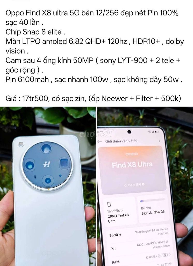 Oppo Find X8 Ultra 256GB Trắng. Mua bán Điện thoại tại Thành phố Cà Mau Cà Mau được đăng bởi D V L  hình 1