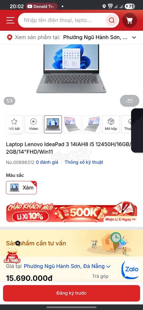 Lenovo IdeaPad 3 i5-12450H 14 inch 16GB/2GB. Mua bán Laptop tại Quận Ngũ Hành Sơn Đà Nẵng được đăng bởi Trần Nguyễn Minh Công hình 1