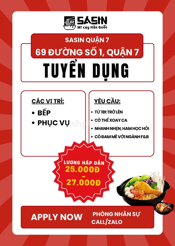 [SASIN 69DS1,Q.7] TUYỂN DỤNG NHÂN VIÊN NHÀ HÀNG