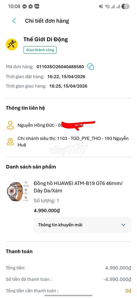 Huawei Watch GT6 còn bảo hành tới tháng 4/2027. Mua bán Thiết bị đeo thông minh tại Quận 12 Tp Hồ Chí Minh được đăng bởi DNV hình 1