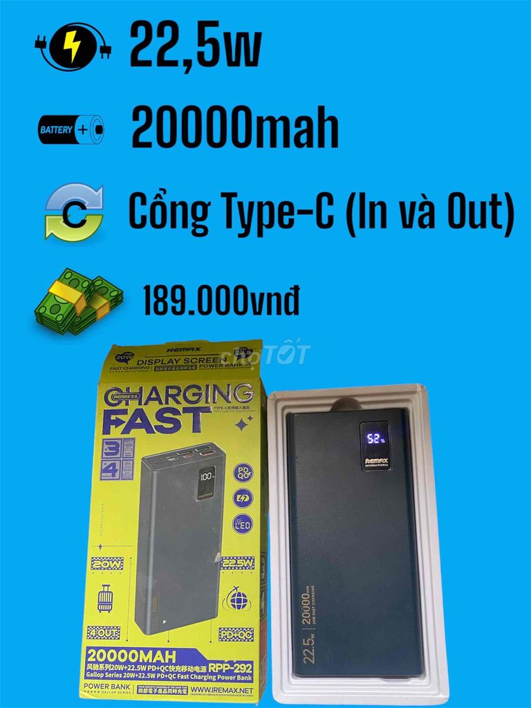 Sạc dự phòng Remax Rpp-292.20000mah.22.5w