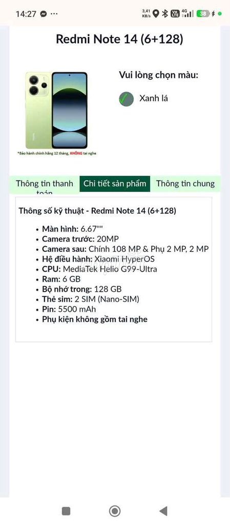 Xiaomi Redmi Note 14 6GB/128GB Xanh lá. Mua bán Điện thoại tại Thành phố Thủ Dầu Một Bình Dương được đăng bởi Nguyễn Hùng Cường  hình 1