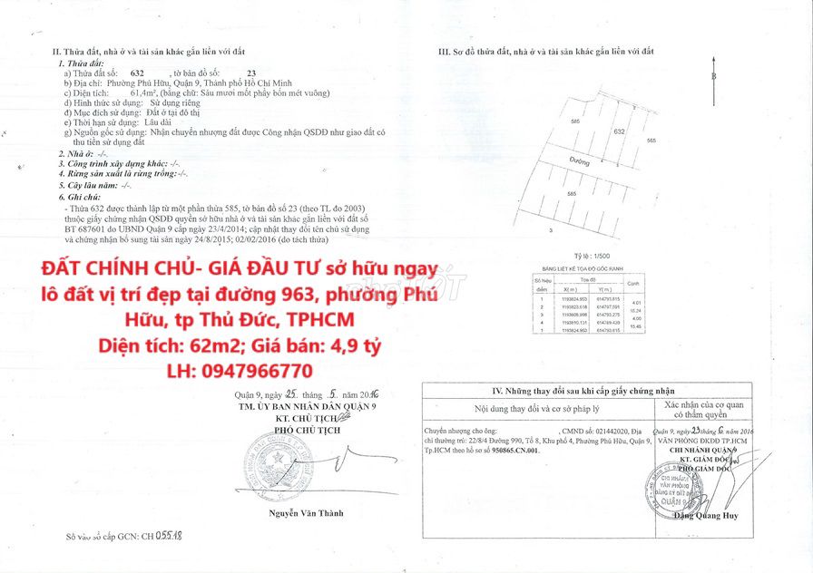 ĐẤT CHÍNH CHỦ Sở hữu ngay lô đất vị trí đẹp tại Phú Hữu, quận 9, TPHCM