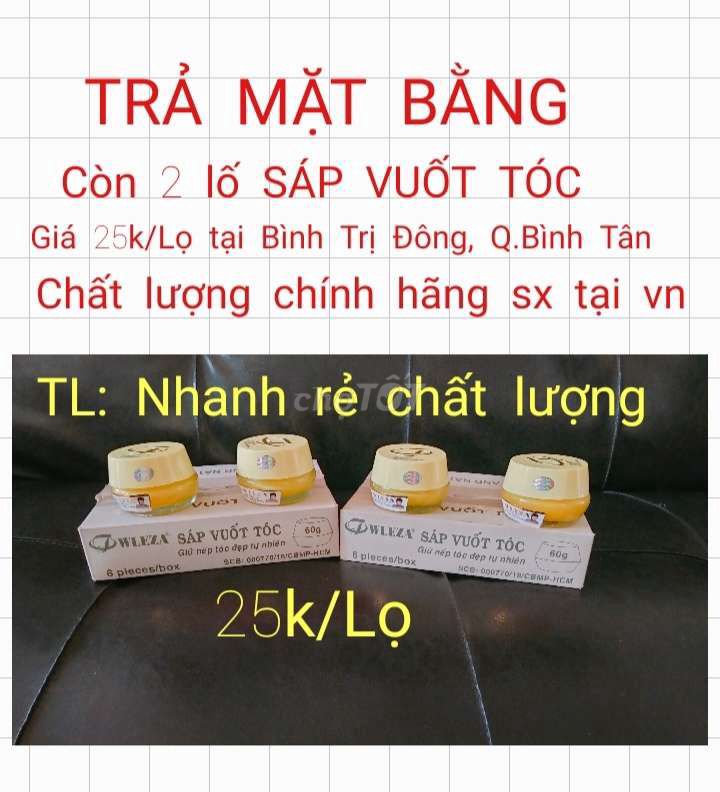 TRẢ MẶT BẰNG CÒN 2 LỐ SÁP VUỐT TÓC WLEZA GIÁ RẺ. Mua bán Phụ kiện thời trang khác tại Quận Bình Tân Tp Hồ Chí Minh được đăng bởi Thanh Phong hình 1