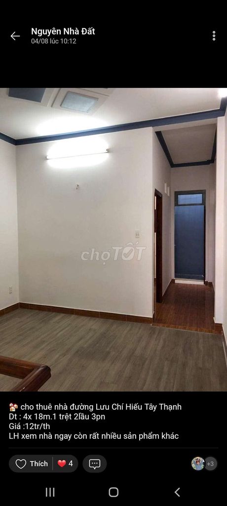 CHO THUÊ NHÀ 4X18M 1 LẦU 3PN HẺM LƯU CHÍ HIẾU