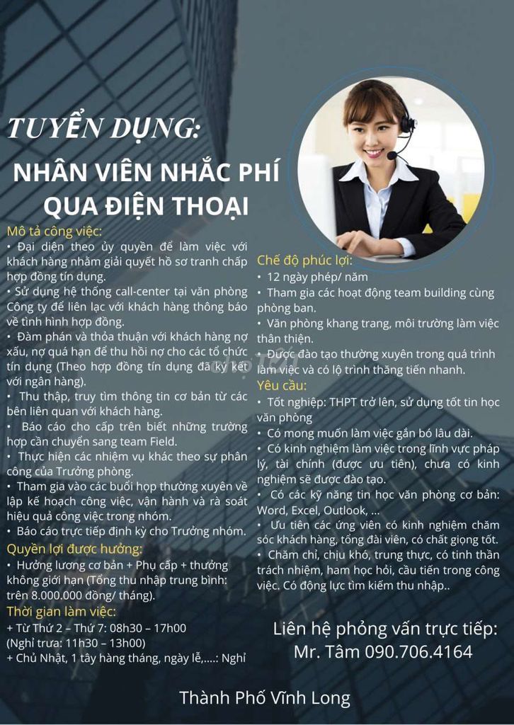 Tuyển Nhân Viên Nhắc Phí Qua Điện Thoại