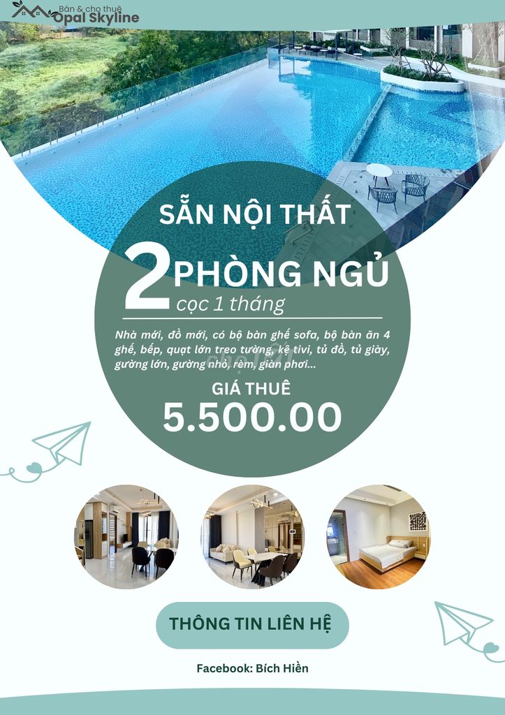 Cho thuê căn 2 phòng ngủ 5tr5 có sẵn nội thất cọc 1 tháng, ở ngay