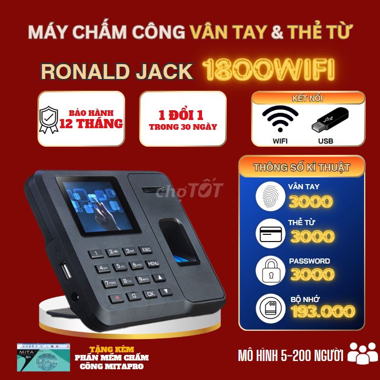 Máy chấm công vân tay& thẻ từ Ronald Jack 1800WIFI