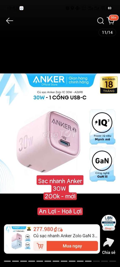 Củ sạc nhanh Anker Zolo 1C A2698 Mới. Mua bán Phụ kiện (Màn hình, Chuột...) tại Thị xã Bến Cát Bình Dương được đăng bởi Lee hình 1