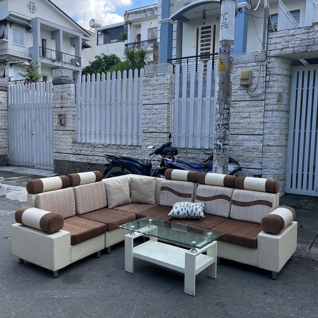 Bộ Ghế sofa chữ L, sofa góc L nệm bọc vải nâu