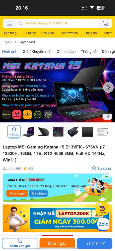 MSI Katana 15 i7-13620H 15.6 inch 16GB/1TB. Mua bán Laptop tại Thị xã Ayun Pa Gia Lai được đăng bởi Nguyên hình 1