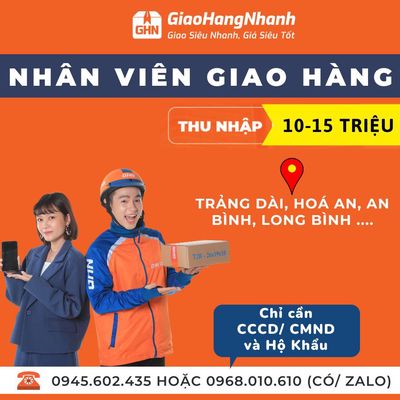 Biên Hòa - Tuyển 3 Shipper Thu Nhập 10 - 15 Triệu