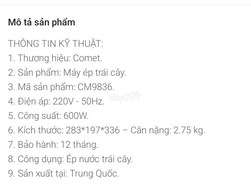 THANH LÍ MÁY ÉP TRÁI CÂY COMET