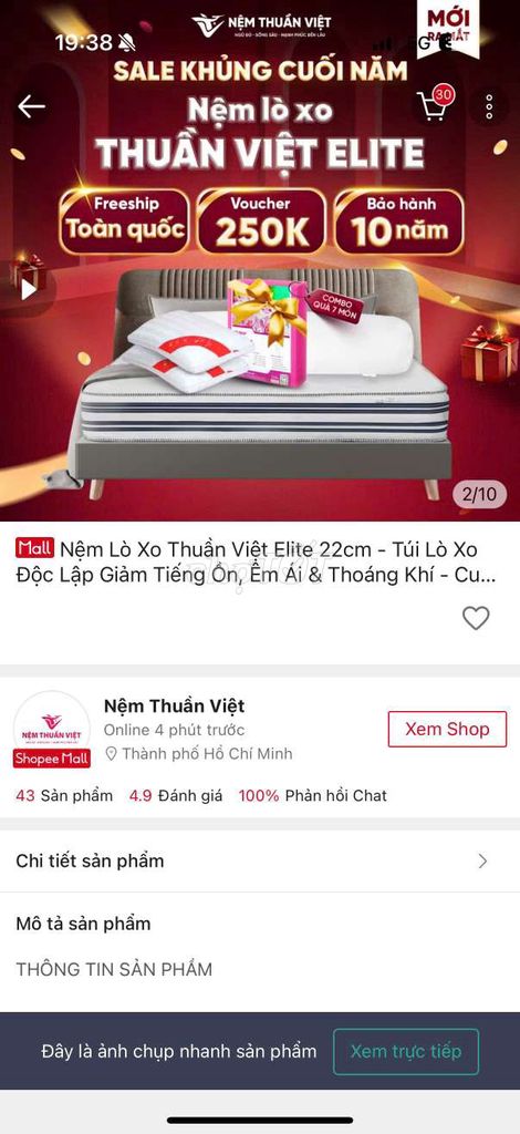 Nệm lò xo Thuần Việt Elite 22cm 1m6x1m8 99% mới. Mua bán Giường, chăn ga gối nệm tại Quận 10 Tp Hồ Chí Minh được đăng bởi An Nhiên hình 1
