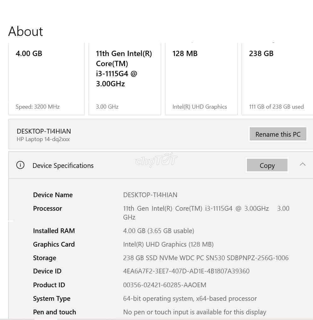 HP 14-dq2xxx i3-1115G4 4GB/238GB. Mua bán Laptop tại Quận Nam Từ Liêm Hà Nội được đăng bởi Nguyễn Trọng Thiện hình 1
