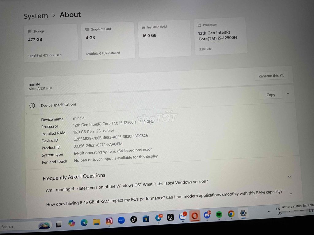Acer Nitro 5 Core i5 - SSD 512GB - RAM 8GB. Mua bán Laptop tại Quận Bắc Từ Liêm Hà Nội được đăng bởi Lê Na hình 3