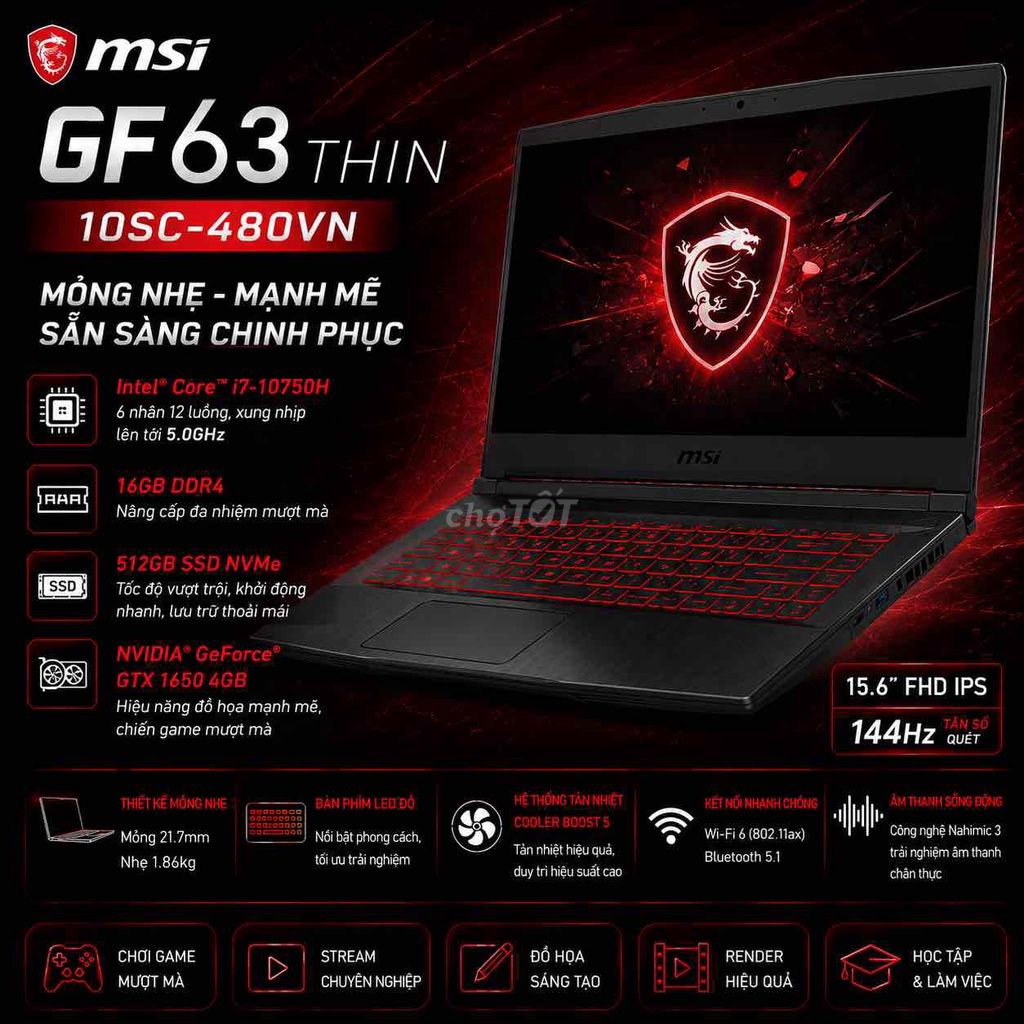 MSI GF63 Thin 10SC-480VN i7-10750H 16GB/512GB. Mua bán Laptop tại Thành phố Buôn Ma Thuột Đắk Lắk được đăng bởi HD Store  hình 1