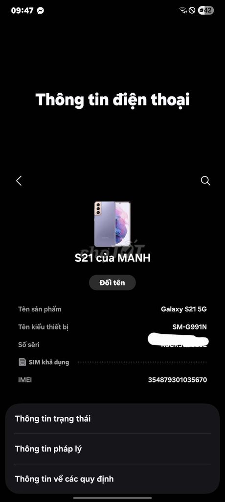 Samsung S21 5G 256GB. Mua bán Điện thoại tại Huyện Thiệu Hóa Thanh Hóa được đăng bởi Hoàng Mạnh hình 1