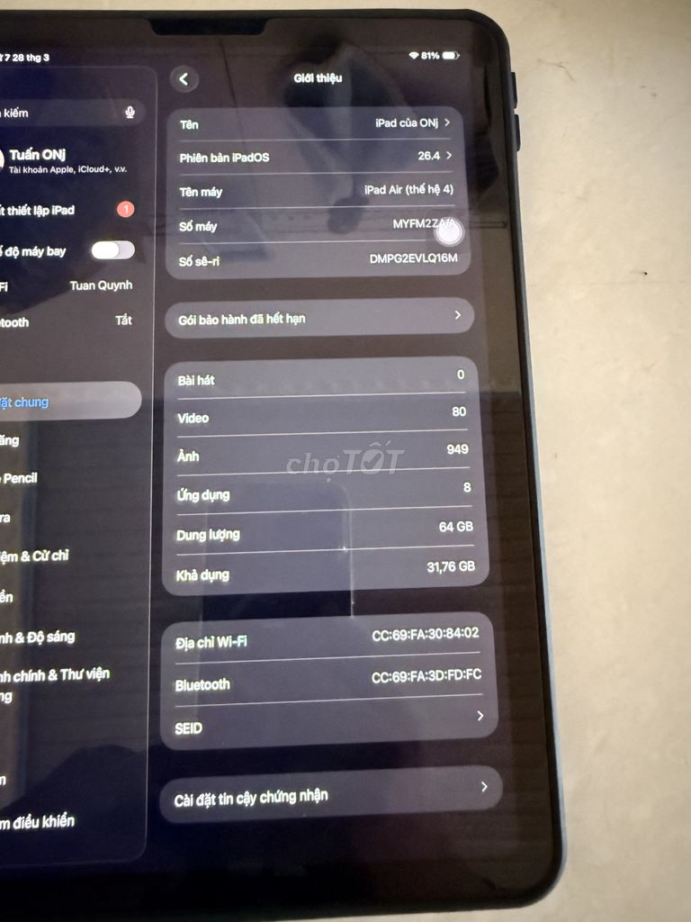 Apple iPad Air 4 A14 Bionic 64GB. Mua bán Máy tính bảng tại Quận 1 Tp Hồ Chí Minh được đăng bởi Tuấn ONj hình 1