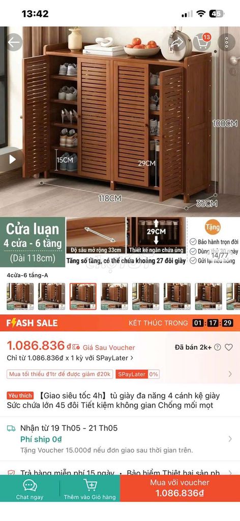 Tủ giày gỗ nâu 4 cánh 8 tầng. Mua bán Tủ, kệ gia đình tại Huyện Ba Tri Bến Tre được đăng bởi Le Thi Thanh Thao hình 1
