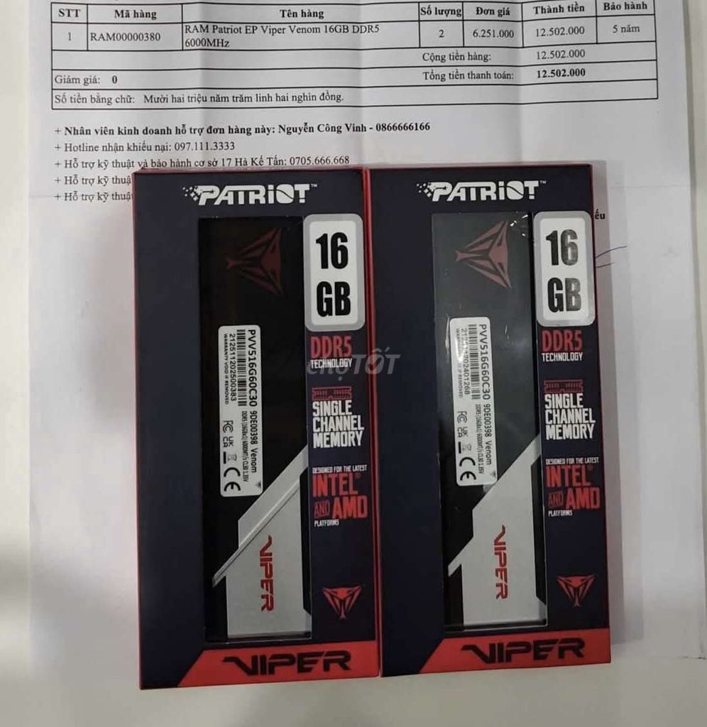 RAM Patriot Viper Venom DDR5 16GB 6000MHz CL30. Mua bán Linh kiện (RAM, Card...) tại Quận Dương Kinh Hải Phòng được đăng bởi Phạm Thành Công hình 1